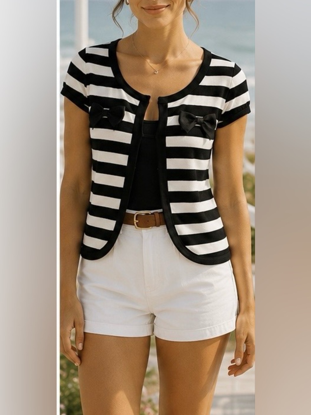 Boutique 100% Wool Cropped Striped Shrug Cardigan Bow Accent Size S/M Y2K Retro